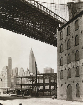Berenice Abbott - Brooklyn Bridge, Water and New Dock Streets, 1936
