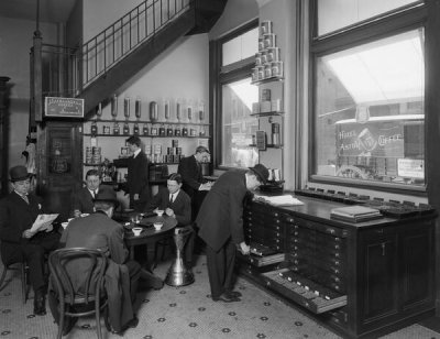 Wurts Bros. - Franklin Street and Greenwich Street. B. Fischer and Co. Factory, testing coffee, ca. 1905
